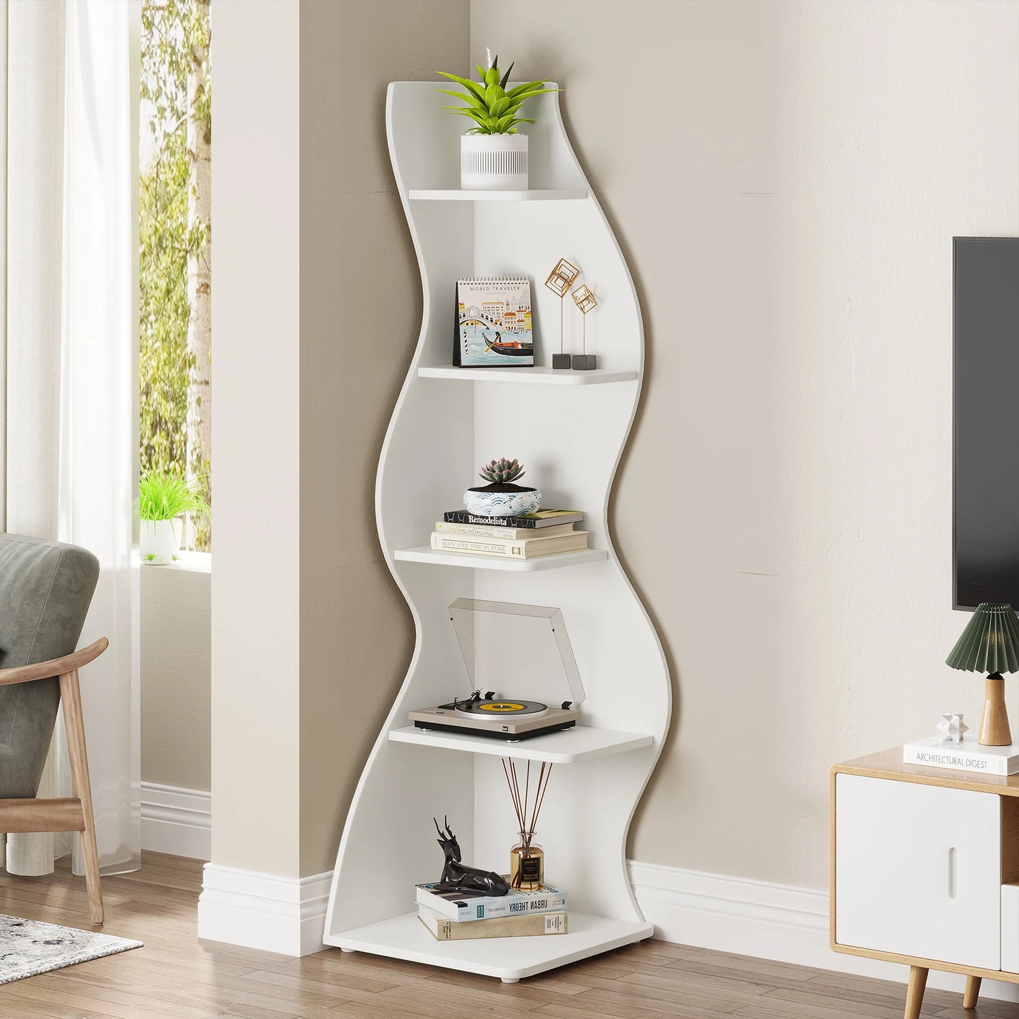 Tribesigns Corner Shelf Five Tier Wall Bookcase And Plant Stand