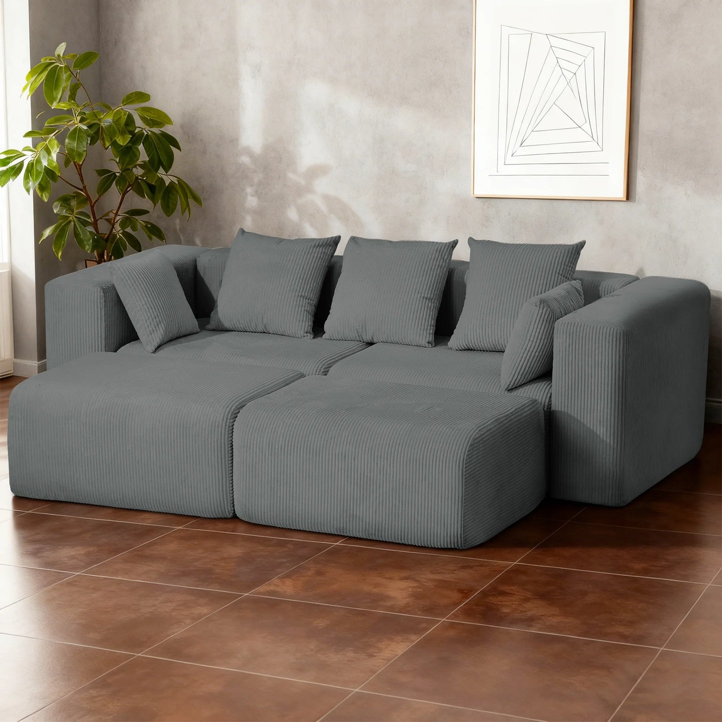 117” Boneless Sofa, Cloud Couch with Deep Seat, Comfy Corduroy Modular Sectional Couch,Memory Foam,No Assembly,For Living Room