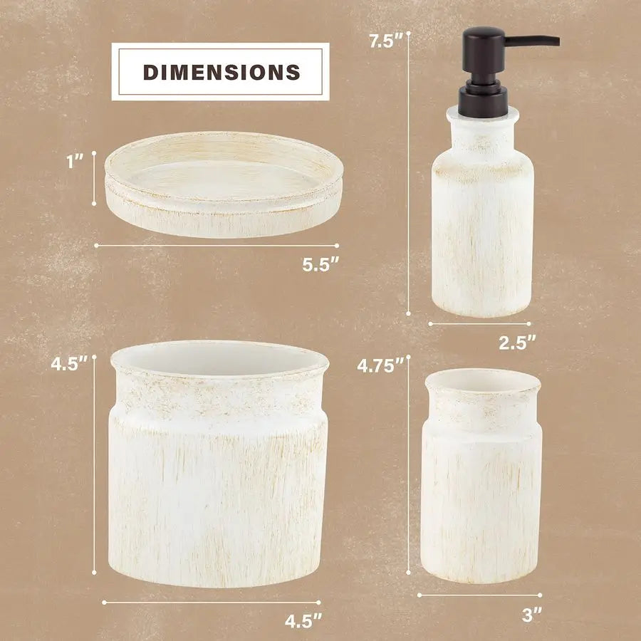 Rustic Luxe Bathroom Accessory Set Complete 4 Piece Beige Bathroom Soap Dispenser Set has Lotion Dispenser, Toothbrush Holder, T