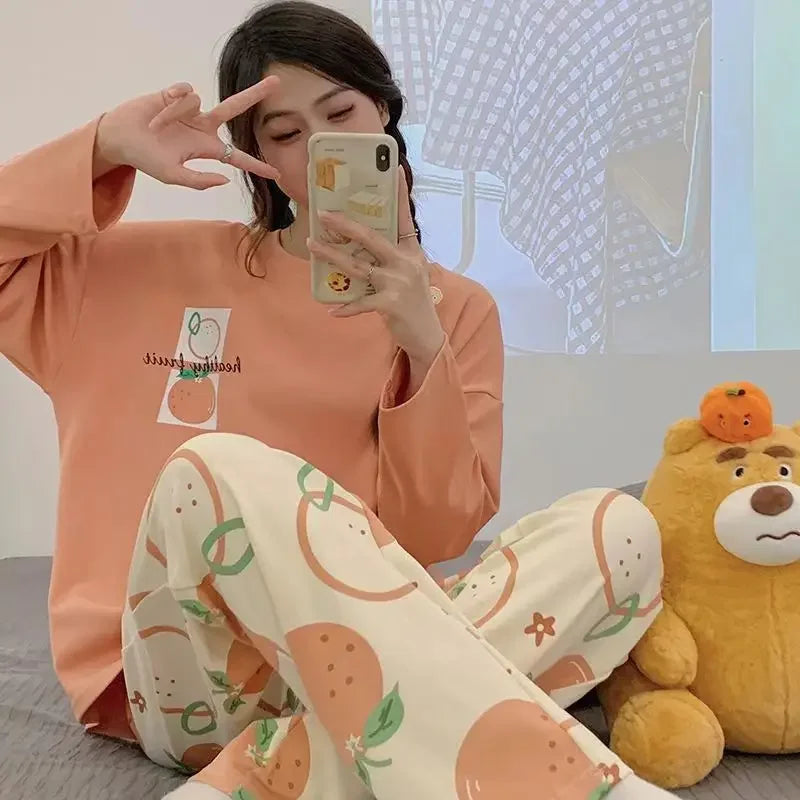 Spring and Autumn New Women's Pajamas Homewear Suit Girls Thin Section Long-Sleeved Students Big Yards Cartoon Loose Pajamas