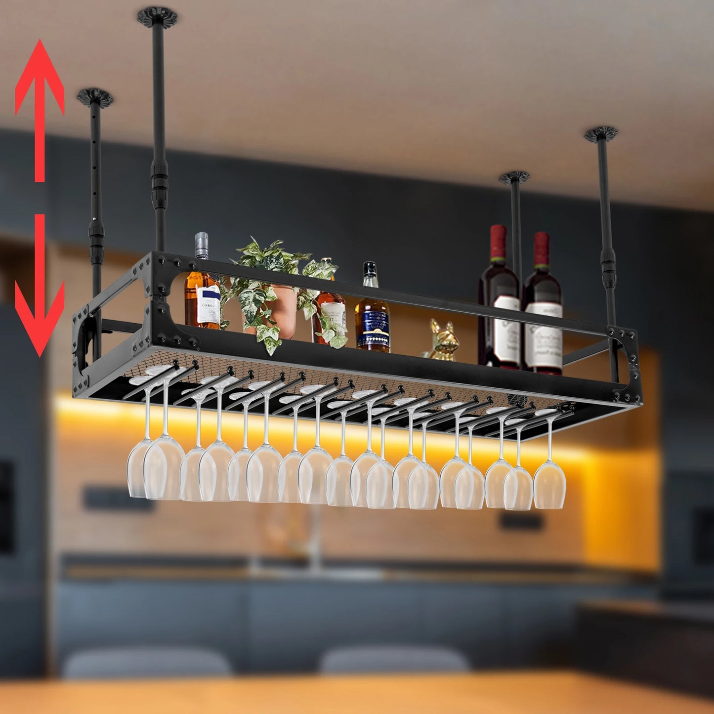 Metal Ceiling Mounted Hanging Wine Goblet Rack With Adjustable Height