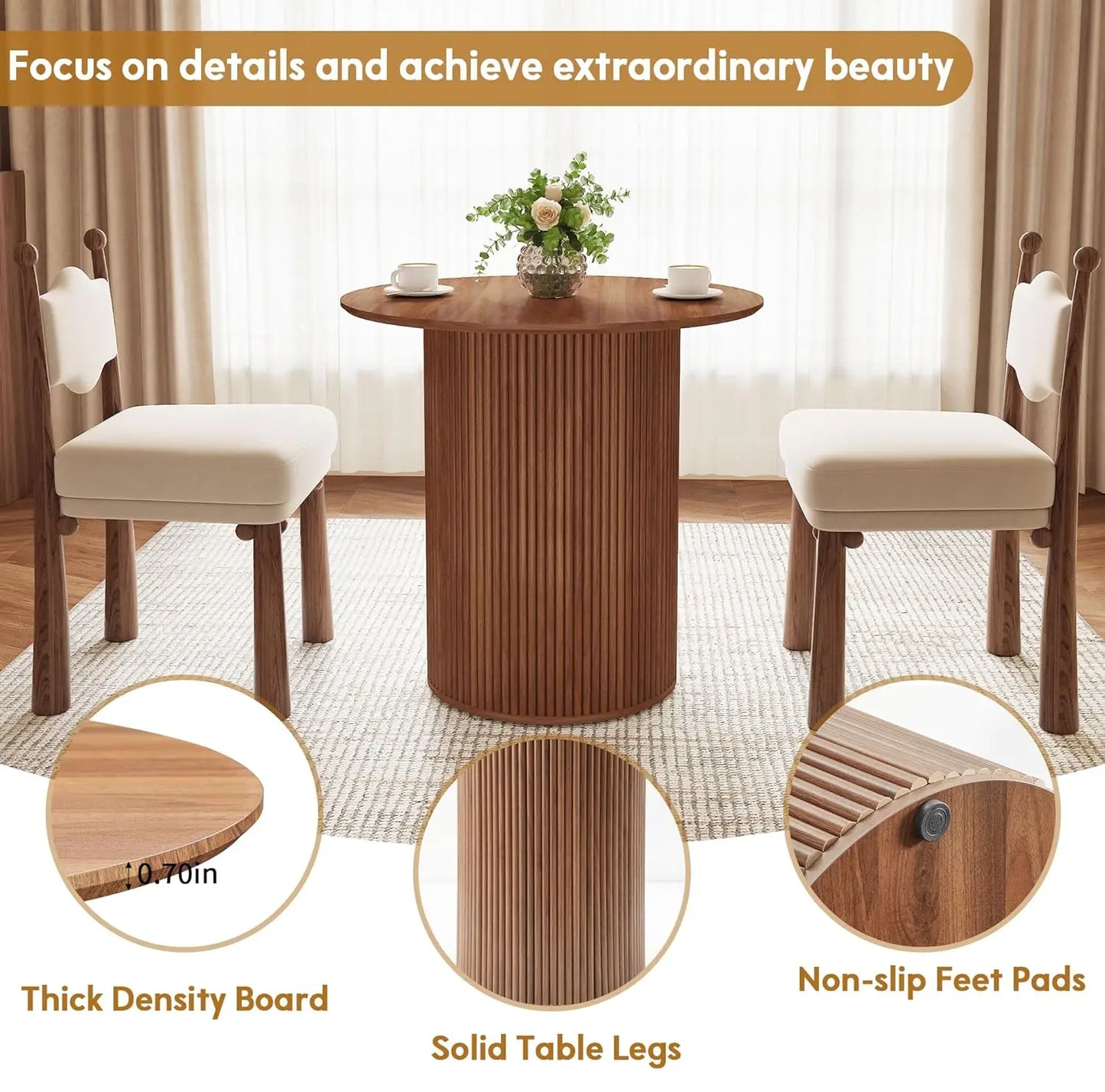 31.5" Round Dining Table for 2 People, Small Kitchen Dinner Table with Fluted Wood Base, Farmhouse Circle Dining, Customized