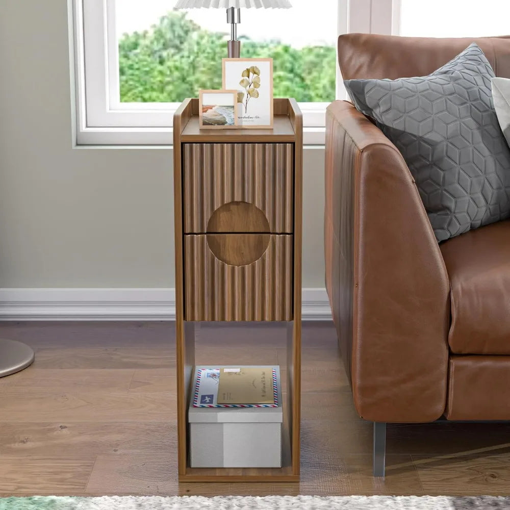 Narrow Fluted Wooden Nightstand With 2 Drawers Slim Bedside Cabinet