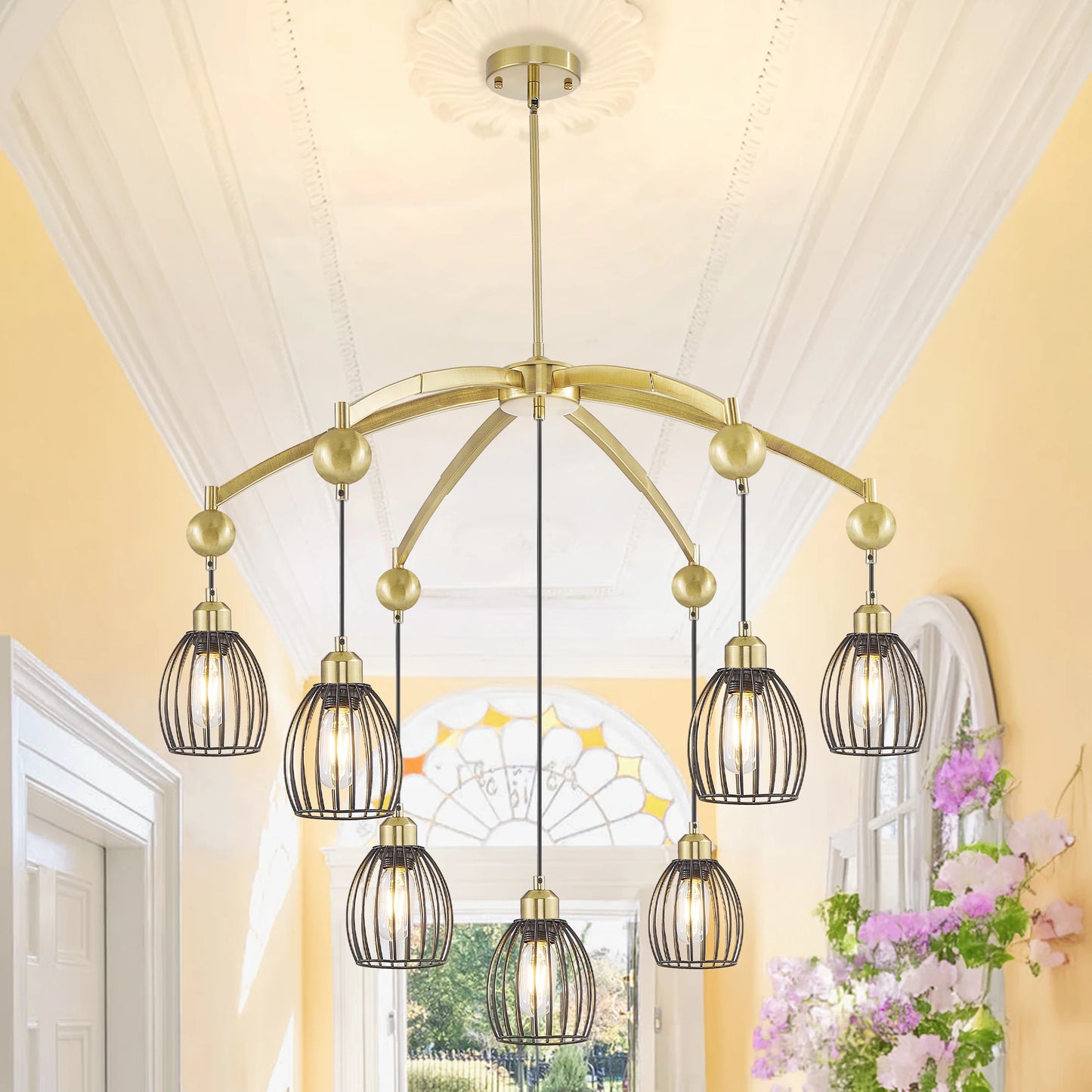 Modern Contemporary Lighting Industrial Adjustable Farmhouse Chandelier Unique Metal Cage with Black Rope Pendant Light Fixture