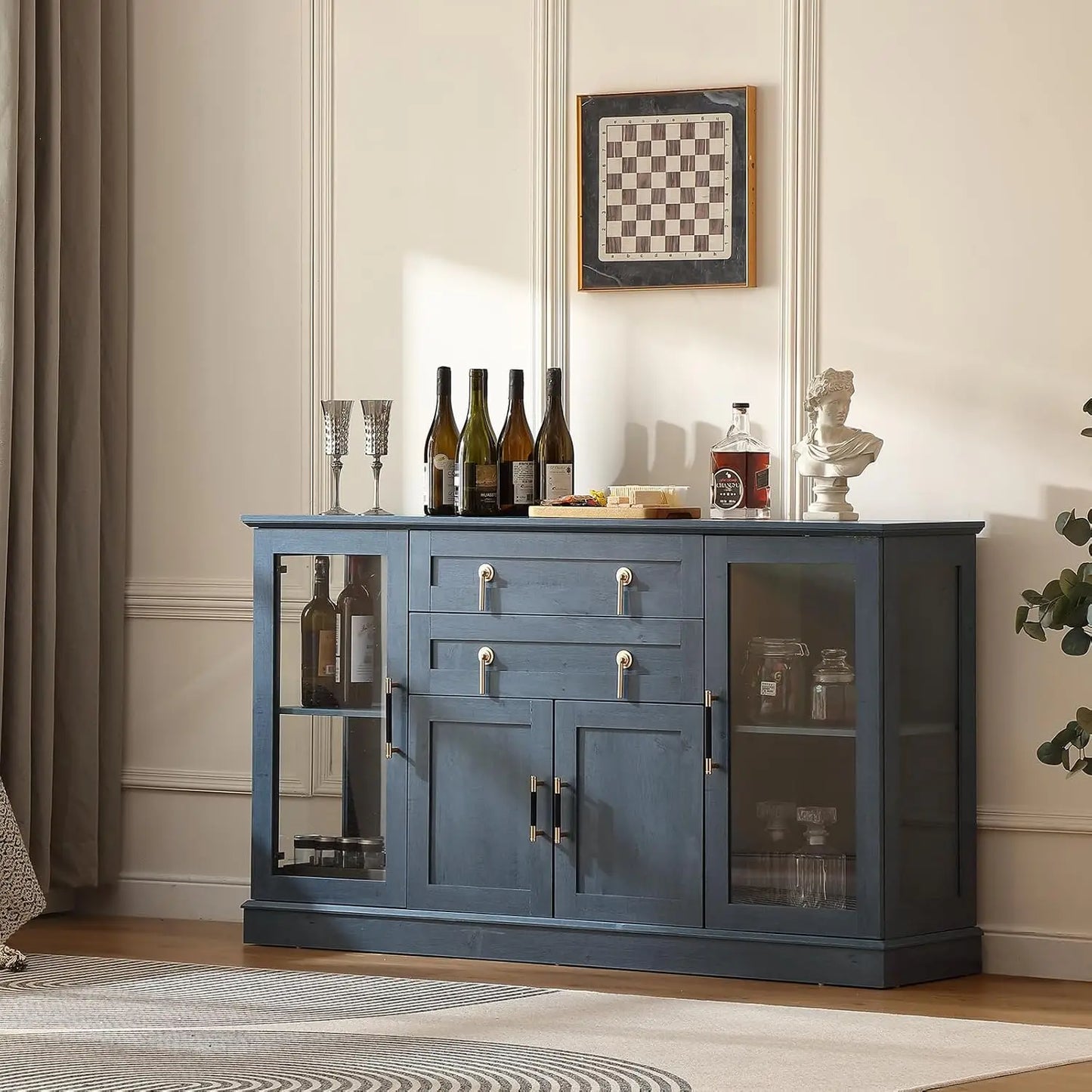 58.27'' Buffet Cabinet with 2 Drawers,LED and Adjustable Shelves,Large Glass Door Coffee Bar Cabinet with, Customized