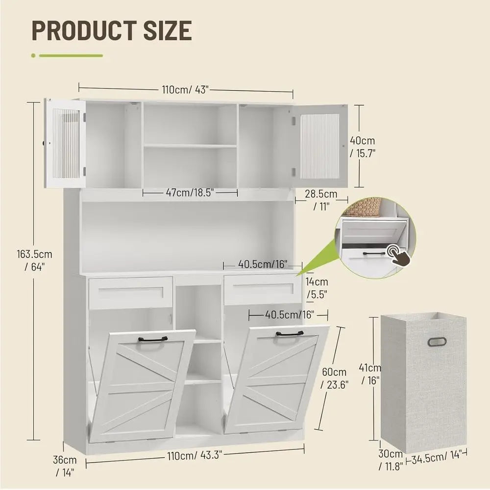 Double Hamper Cabinet With Frosted Glass Door For Bathroom Storage