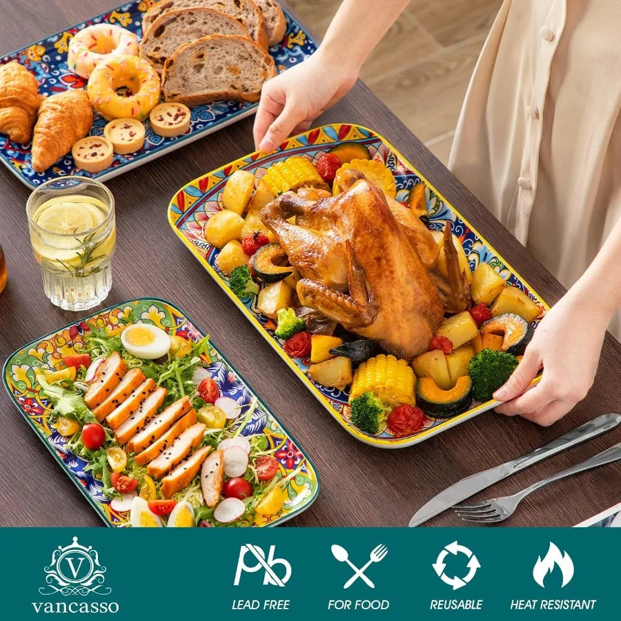 Ceramic Bohemian Serving Platters Set Of 3 Trays Collection