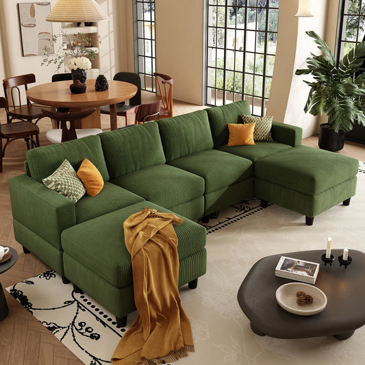 101 Inch Green Corduroy Sectional Sofa, U Shaped Sectional Sofa with 2Ottomans, 6 Seater Convertible Corduroy Sofa, Comfortable