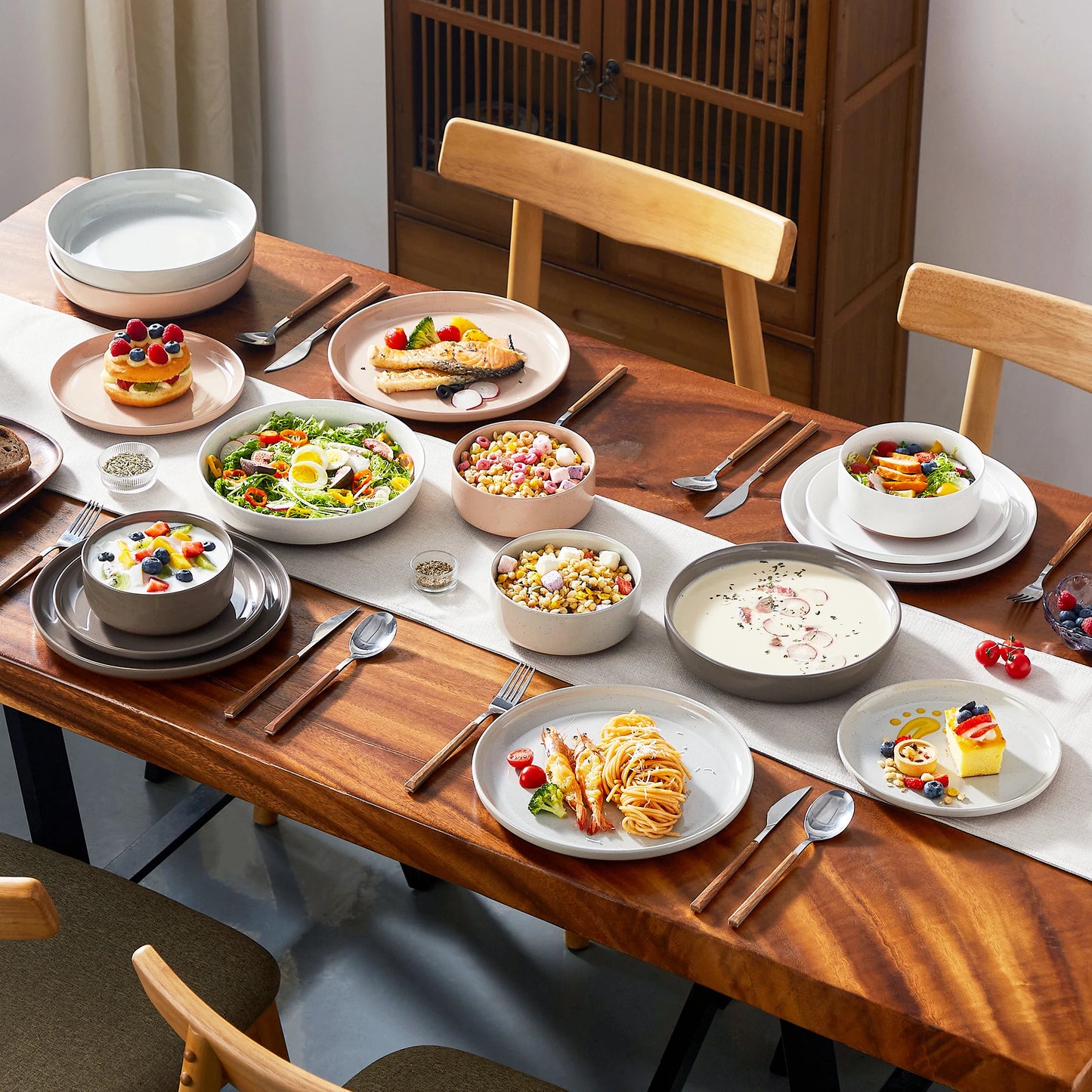 MALACASA Tara Stoneware Dinnerware Set Sesame Layered Glaze