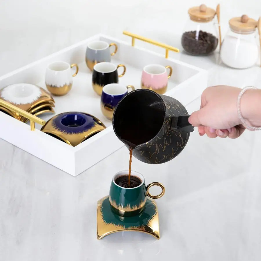 Elegant Marble Ceramic Coffee Cup Set With Saucers And Tray