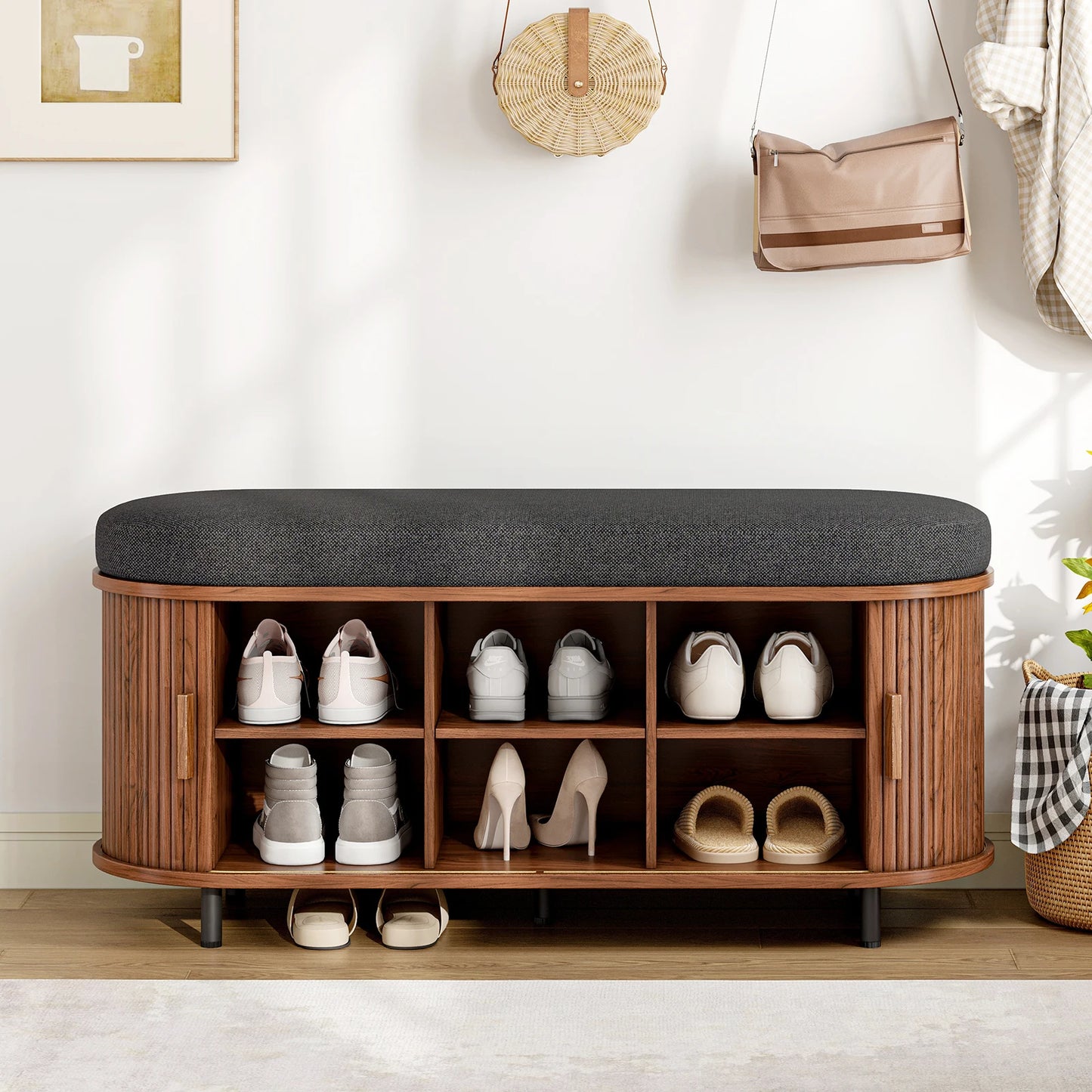 Shoe Storage Bench 3 Tier Organizer With Cushion