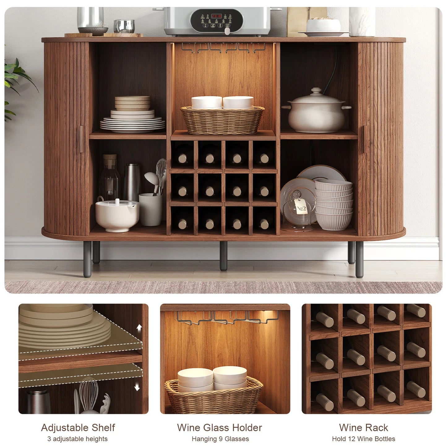 Wine Bar Cabinet w/ LED Light,Liquor Cabinet for Home,Coffee Bar Cabinet w/ Wine Rack & Glass Holder,Walnut Buffet Sideboard