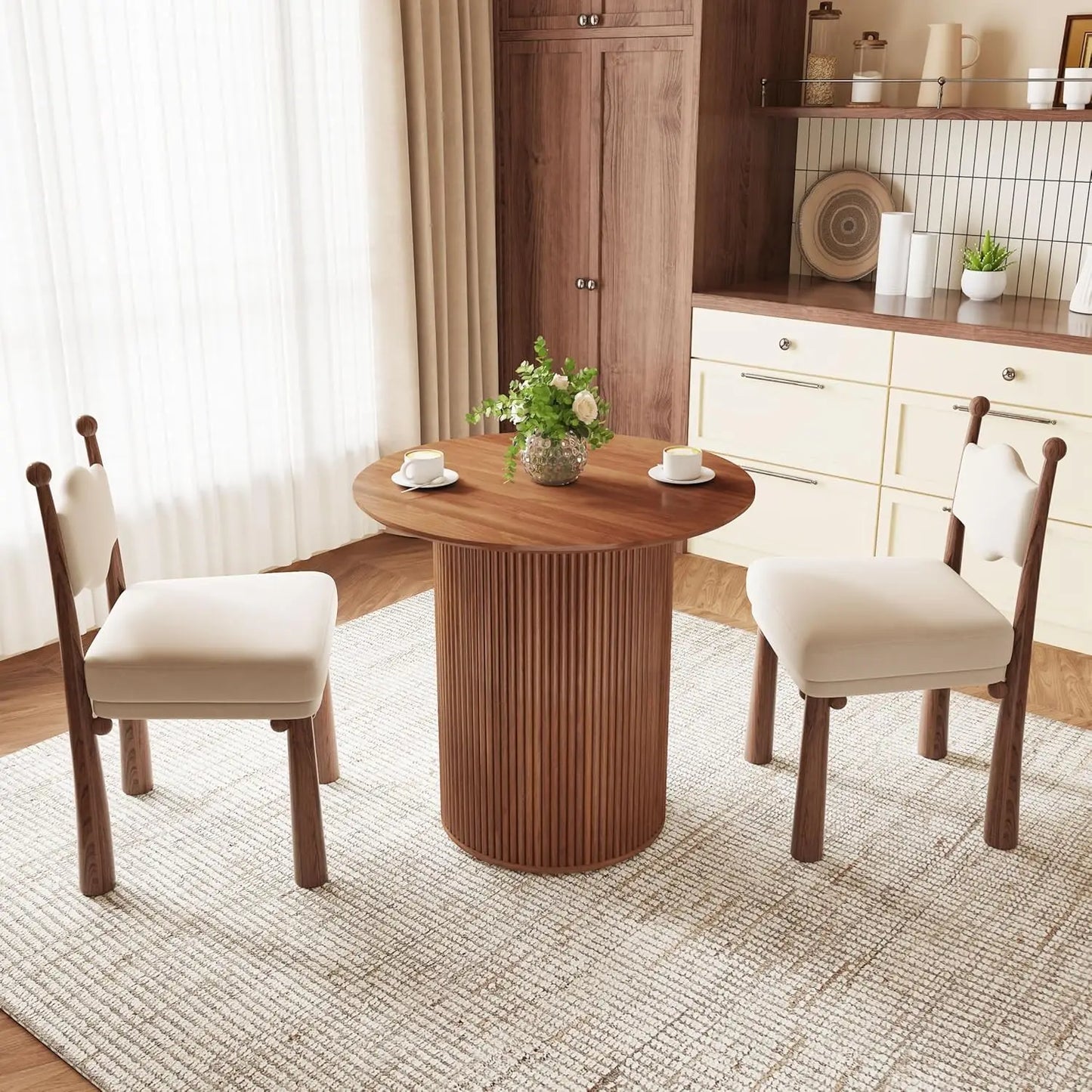 31.5" Round Dining Table for 2 People, Small Kitchen Dinner Table with Fluted Wood Base, Farmhouse Circle Dining, Customized