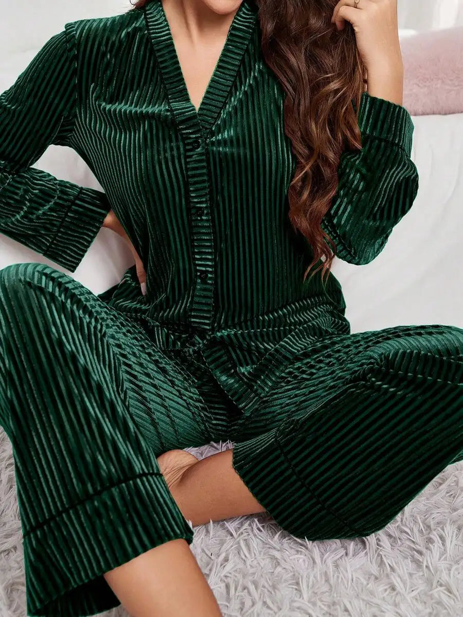 Velvet Long Sleeve Pajama Set With Ribbed Texture
