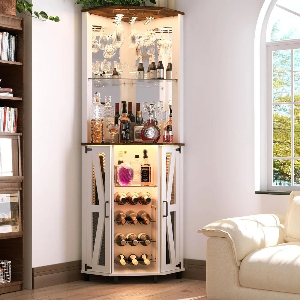 MOYU Farmhouse Corner Bar Cabinet With LED Lighting And Mirror