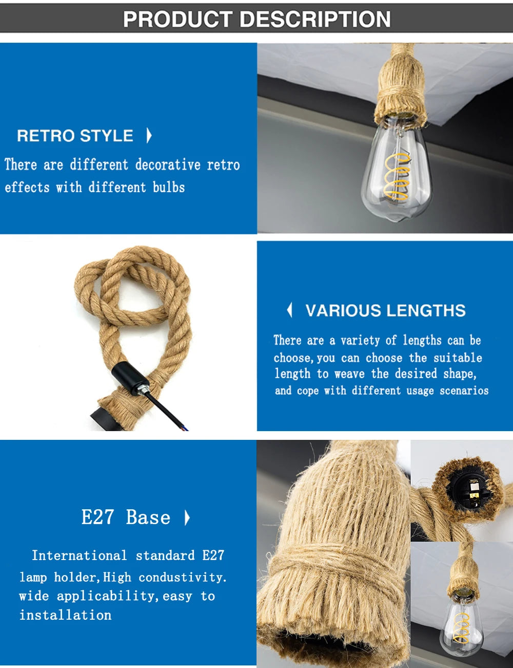 COOINJOY Industrial E27 Hemp Rope Pendant Lights