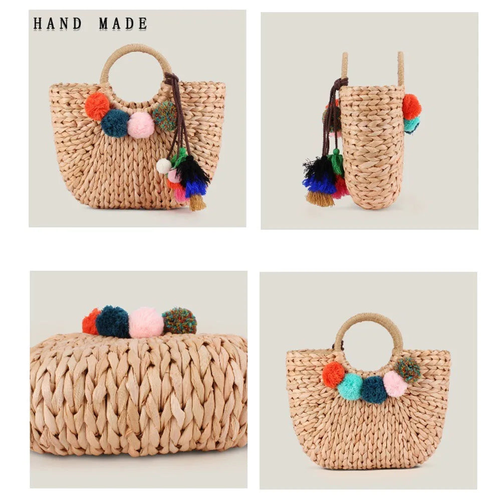 Women Straw Beach Bag Half Round Rattan Tote Handwoven