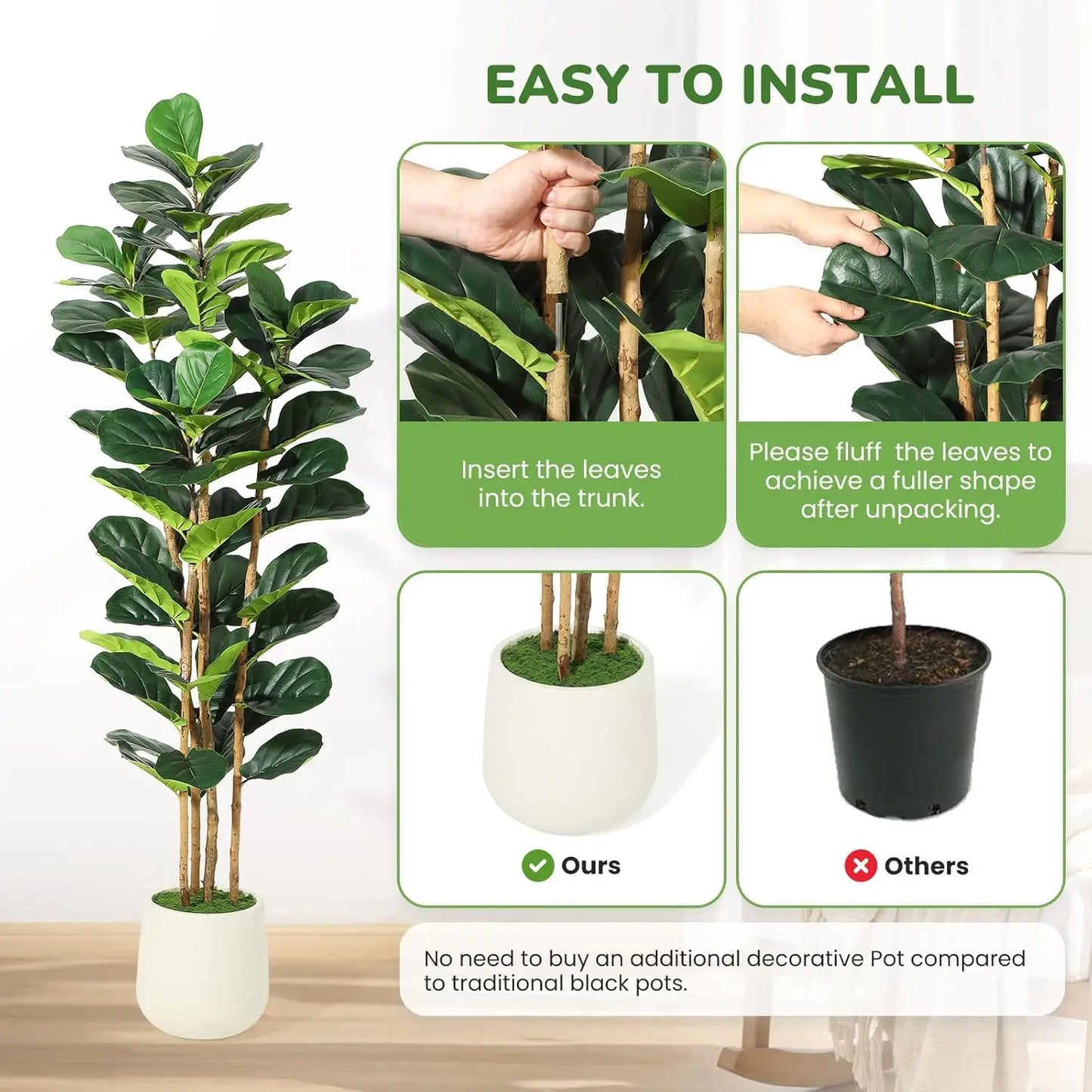HiMISS Artificial Fiddle Leaf Fig Tree With Pot Indoor Greenery