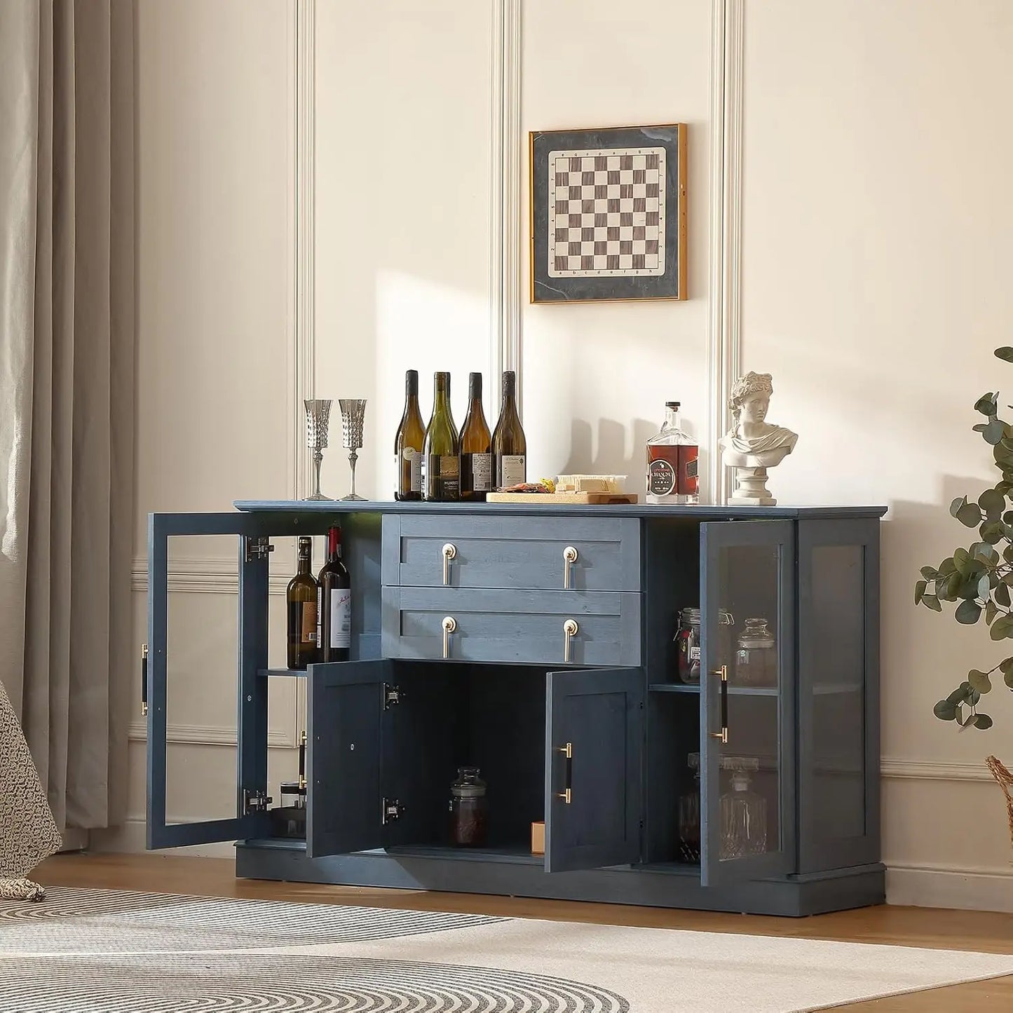 58.27'' Buffet Cabinet with 2 Drawers,LED and Adjustable Shelves,Large Glass Door Coffee Bar Cabinet with, Customized