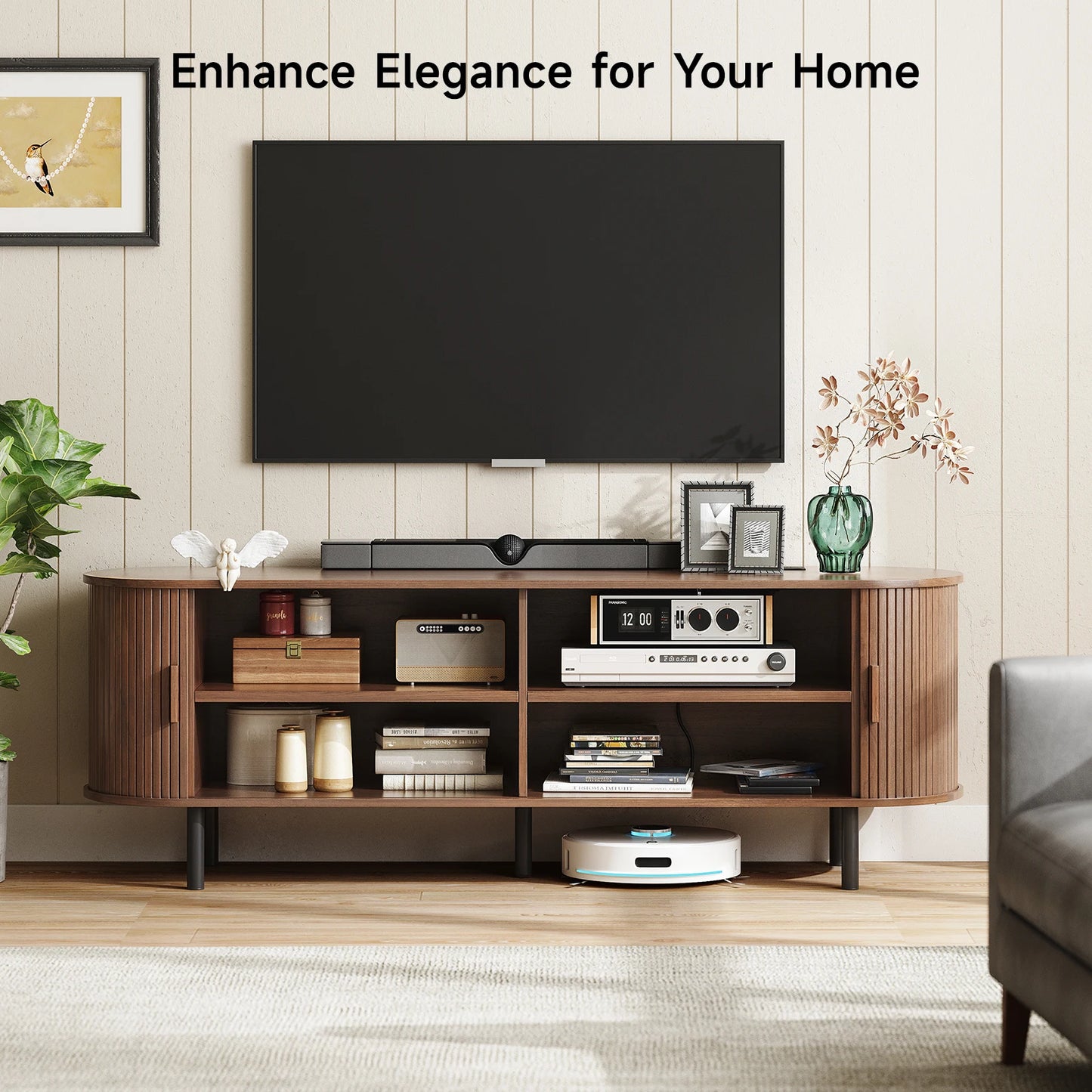 TV Stand with Power Outlet for TVs up to 60/70", Entertainment Center, TV Table with Sliding Doors Storage Adjustable Shelves