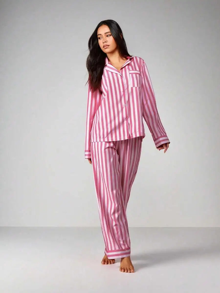Red and Pink Striped Long Sleeve Button-Up Pajama Set for Women