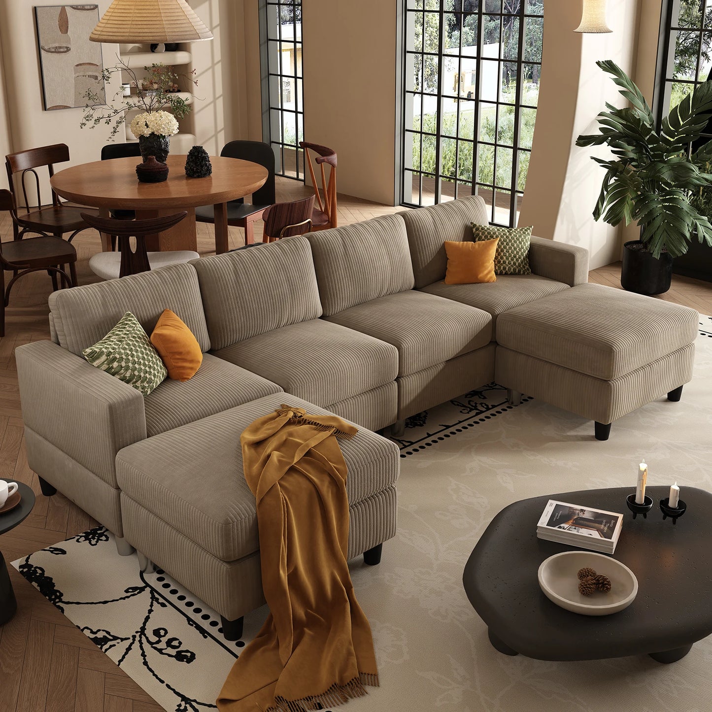101 Inch Green Corduroy Sectional Sofa, U Shaped Sectional Sofa with 2Ottomans, 6 Seater Convertible Corduroy Sofa, Comfortable