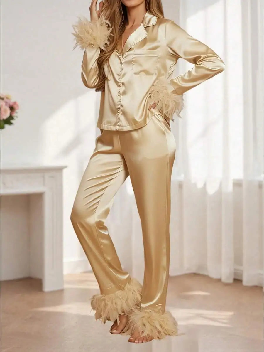 Women's Light Blue Satin Pajama Set with Feather Trim Long Sleeve Button-Up Top and Pants
