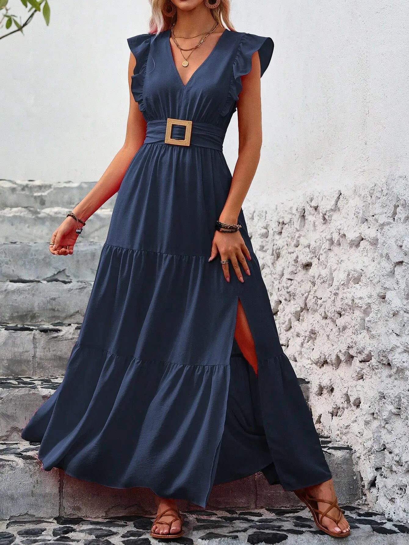 Ruffle Trim Maxi Dress With High Slit Summer Vacation Women