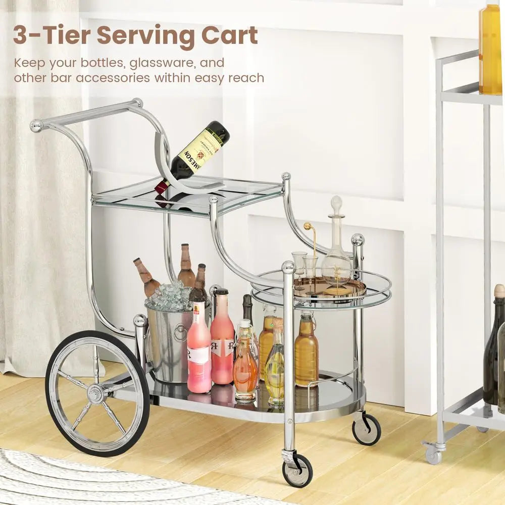 Glass Rolling Bar Cart With Mirrored Shelves And Wheels