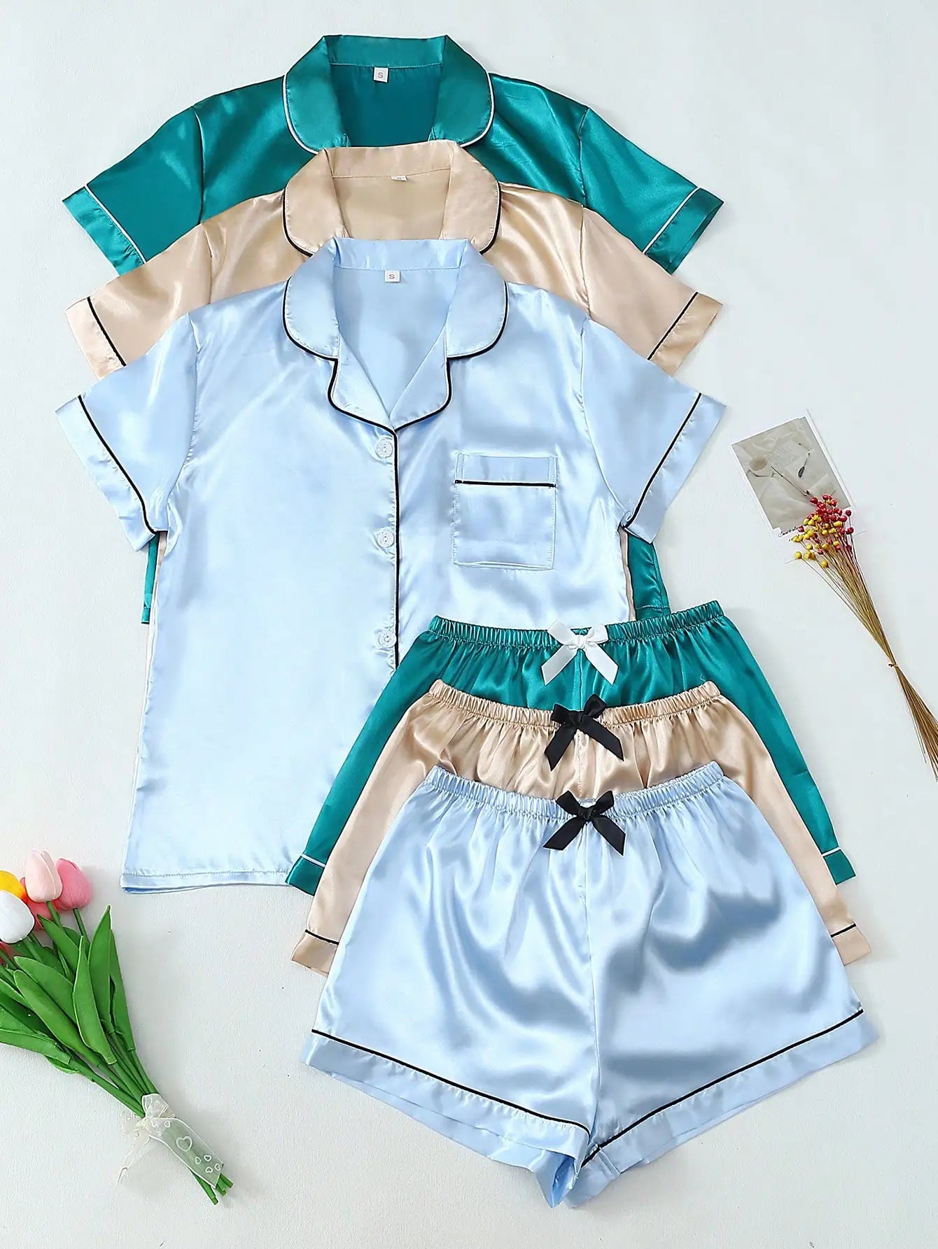 Satin Pajama Set For Women Button-Up Top And Bow-Trim Shorts
