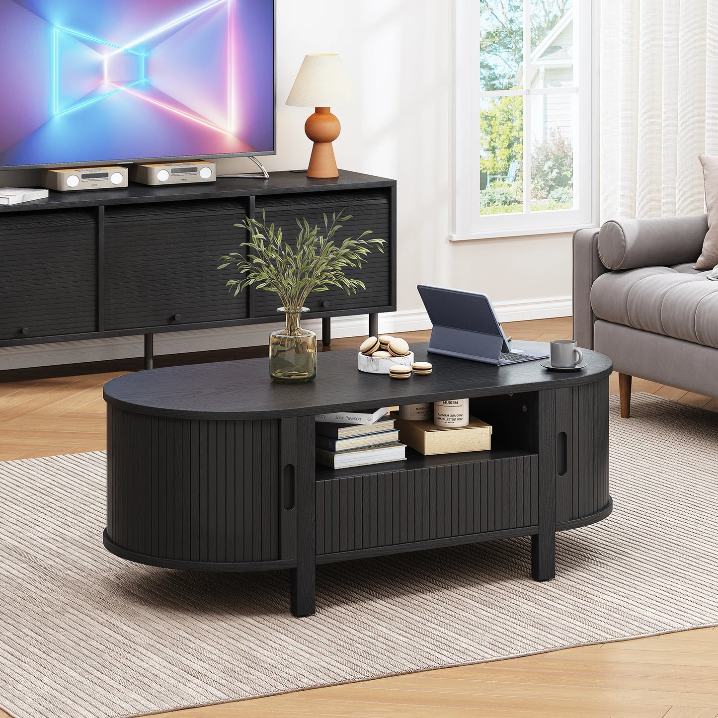 Oval Coffee Table With Cabinets And Sliding Doors Storage
