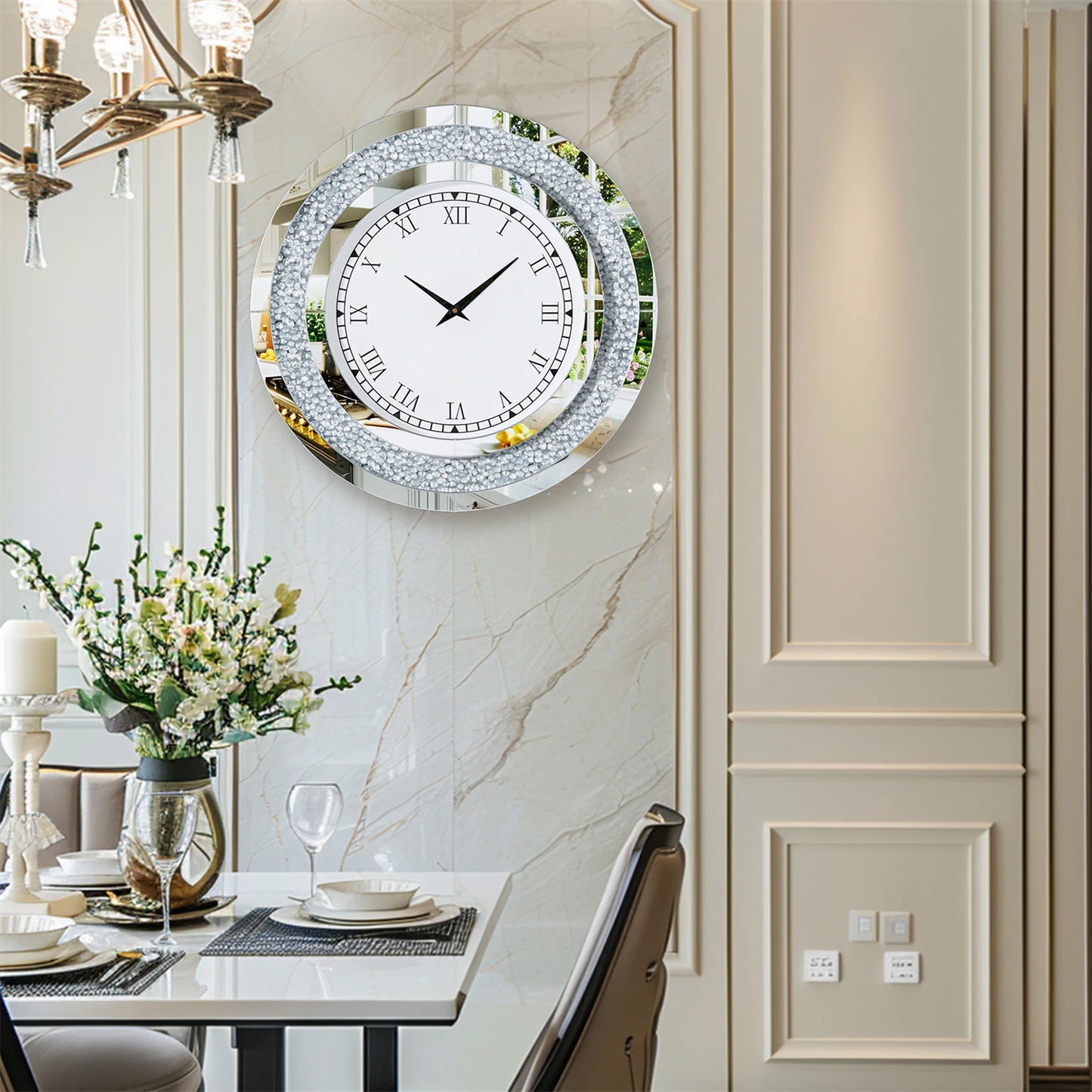 Mirrored Wall Clock With Crystal Accents And Sparkle Design