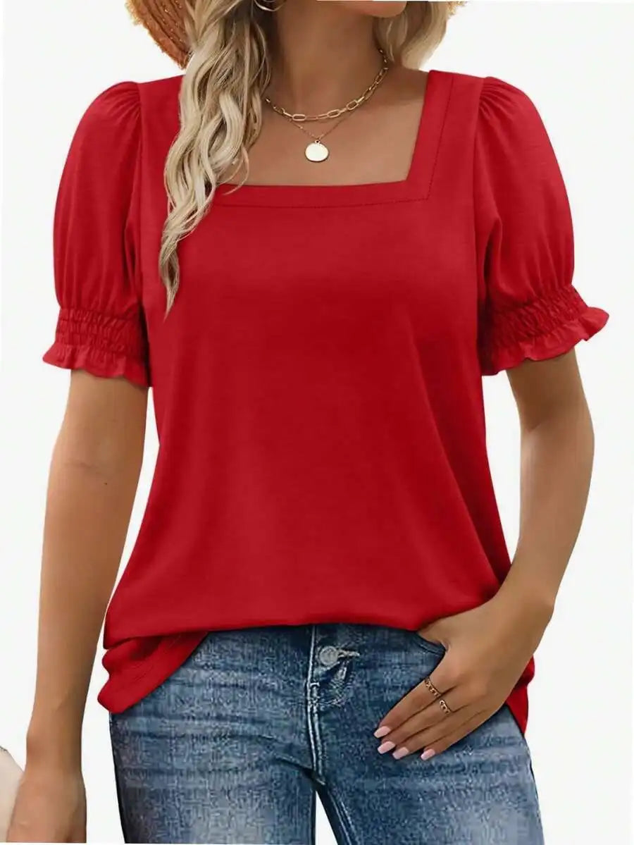 Womens Square Neck Short Sleeve Cotton T Shirt Ruffle Sleeves