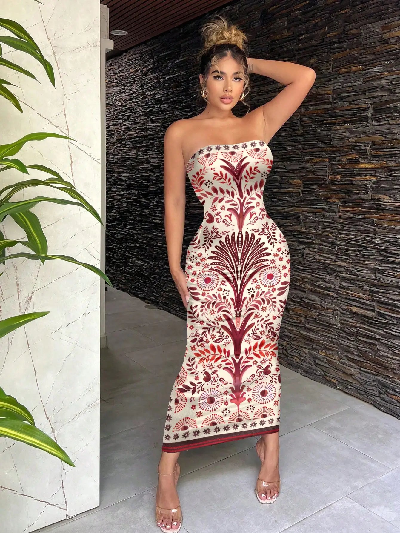 Bohemian Green Tropical Print Strapless Bodycon Dress For Vacation