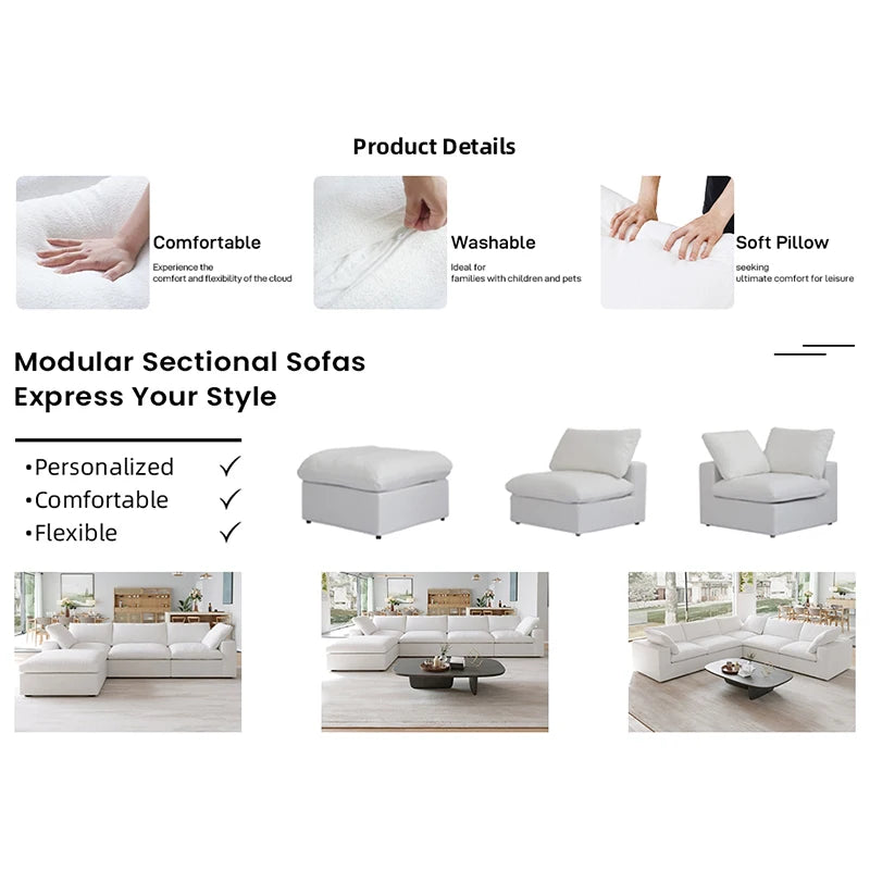 120.45" Cloud Modular Sectional Sofa Minimalist 3-Seats Sofa Couch Convertible Couch Deep Seat Couches for Living Room Sofa Sets