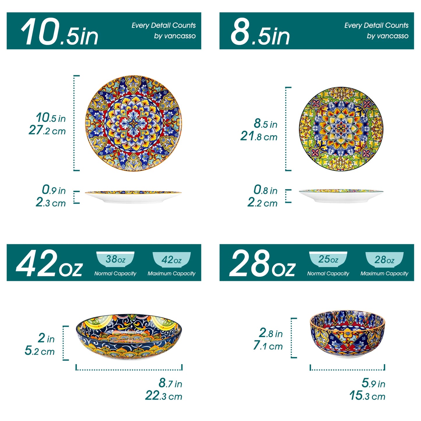 MALACASA 24 Piece Porcelain Dinnerware Set Bohemian Style Plates And Bowls