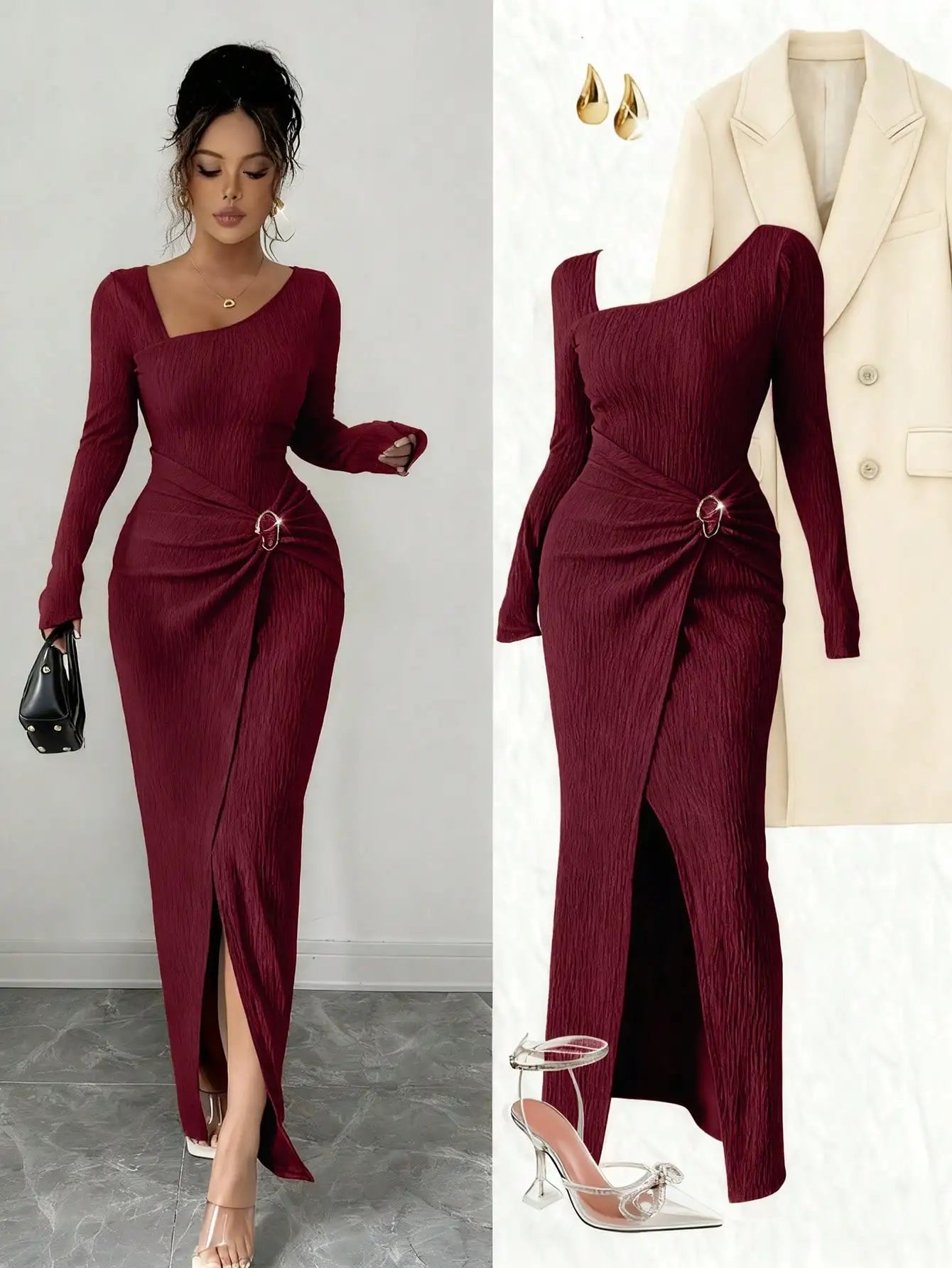 Asymmetrical Neck Knitted Bodycon Dress With Twist Waist Side Slit