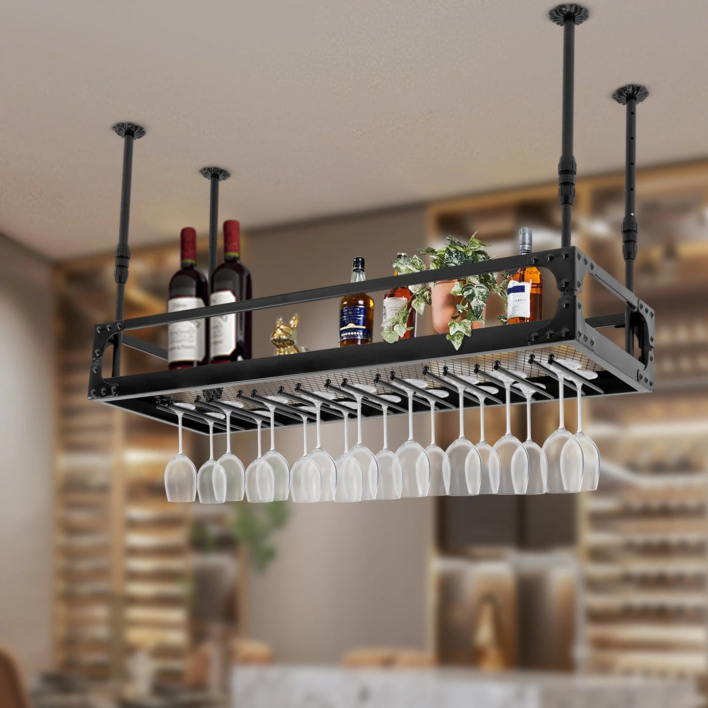 Metal Ceiling Mounted Hanging Wine Goblet Rack With Adjustable Height