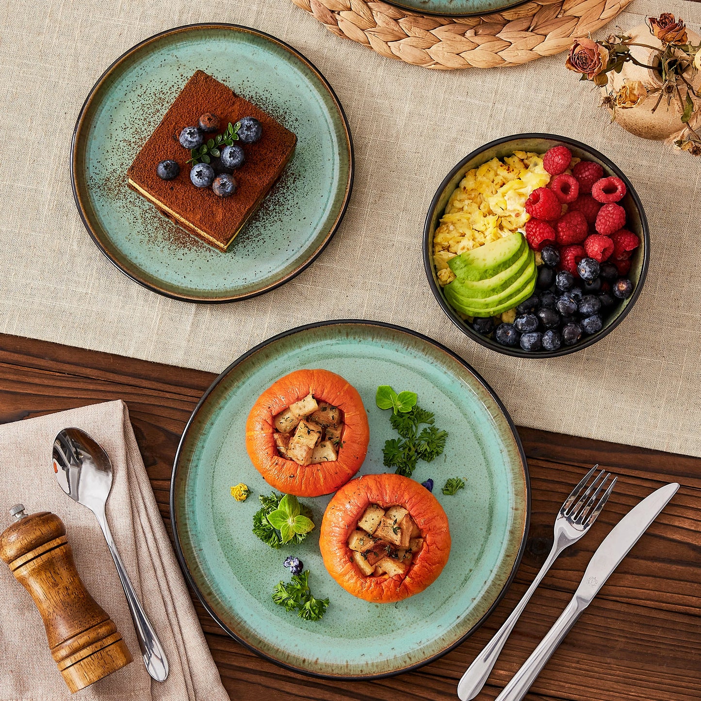 MALACASA Ceramic Stoneware Dinnerware Set Plates Bowls Included