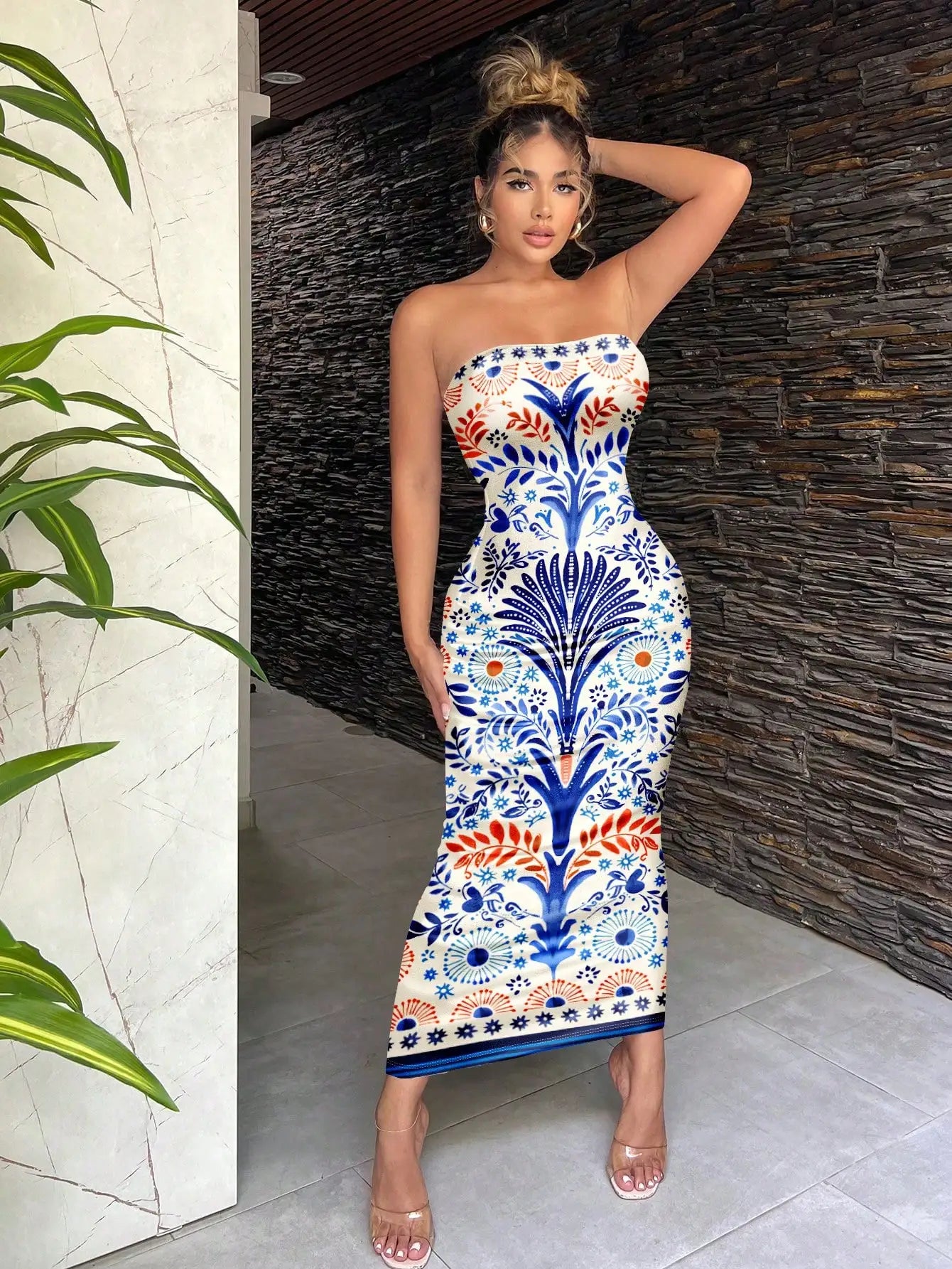 Bohemian Green Tropical Print Strapless Bodycon Dress For Vacation