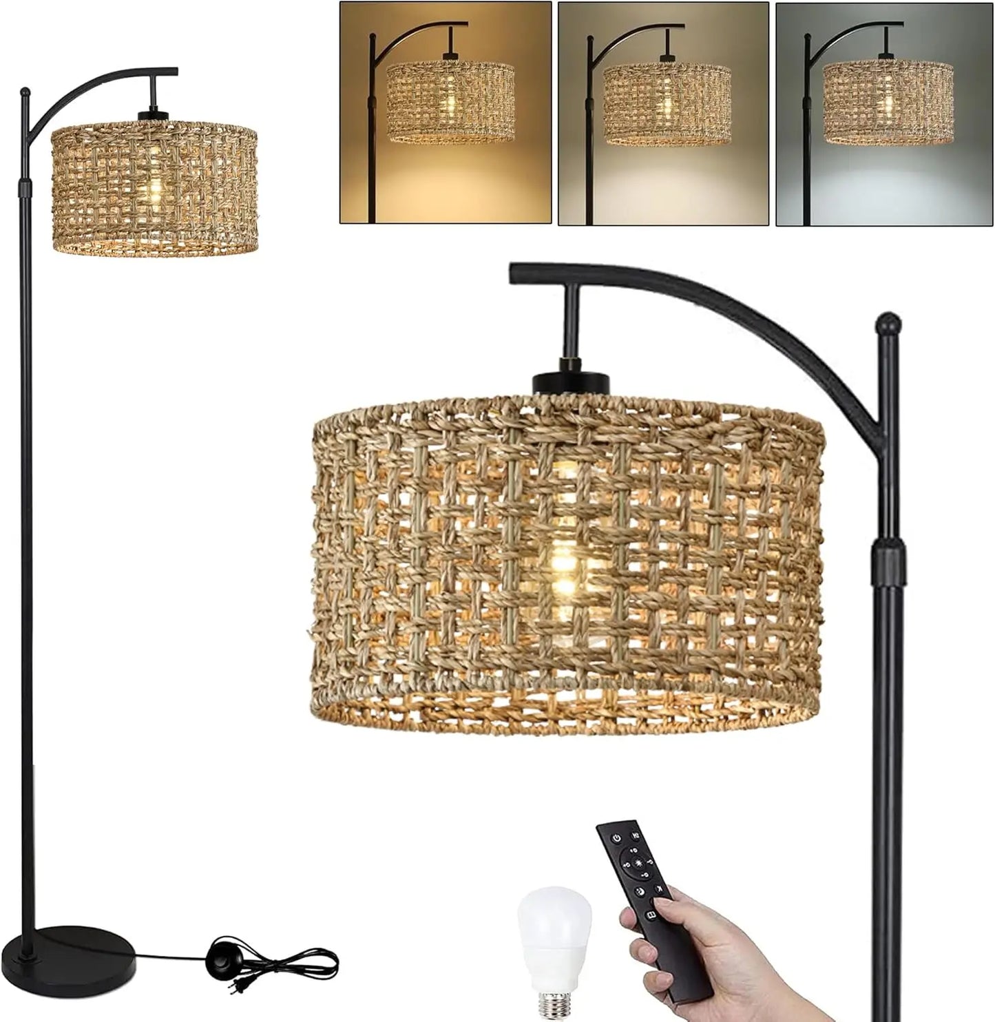 Remote Control Arc Floor Lamp with Adjustable Height and Color Temperature, Rattan Shade for Living Room Bedroom Office