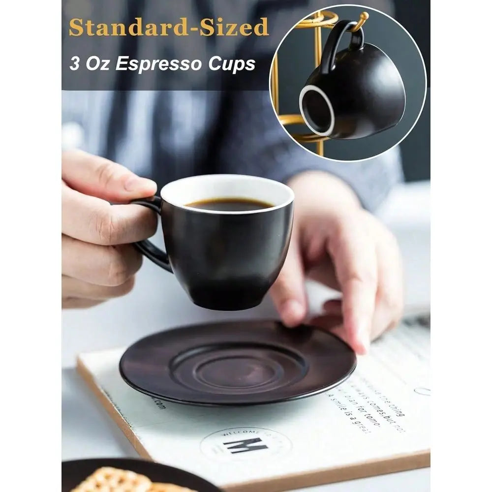 Ceramic Espresso Cups With Saucers And Metal Stand