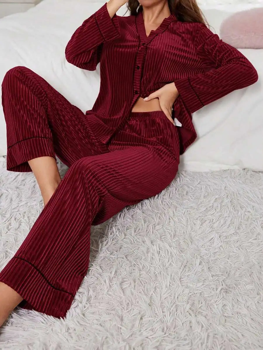 Velvet Long Sleeve Pajama Set With Ribbed Texture