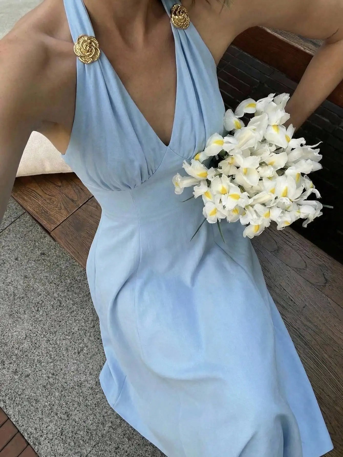 Elegant Halter Neck Midi Dress With 3D Floral Accents