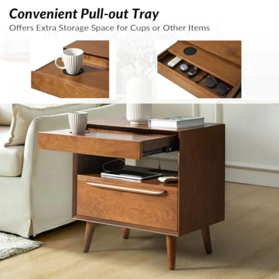 YTYIN End Table With Charging Station, Mid Century Modern Pull Out Shelf
