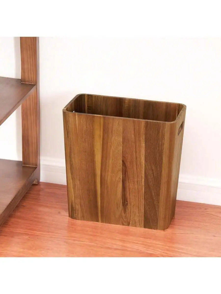 Solid Acacia Wood Wastebasket Rectangular Trash Can With Handles