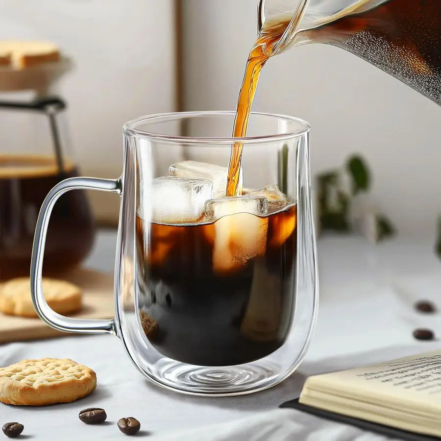 Double Walled Glass Coffee Mugs 16 OZ, Borosilicate Glass Coffee Cups Set of 4 with Spoons, Insulated Clear Coffee Mug for Hot B