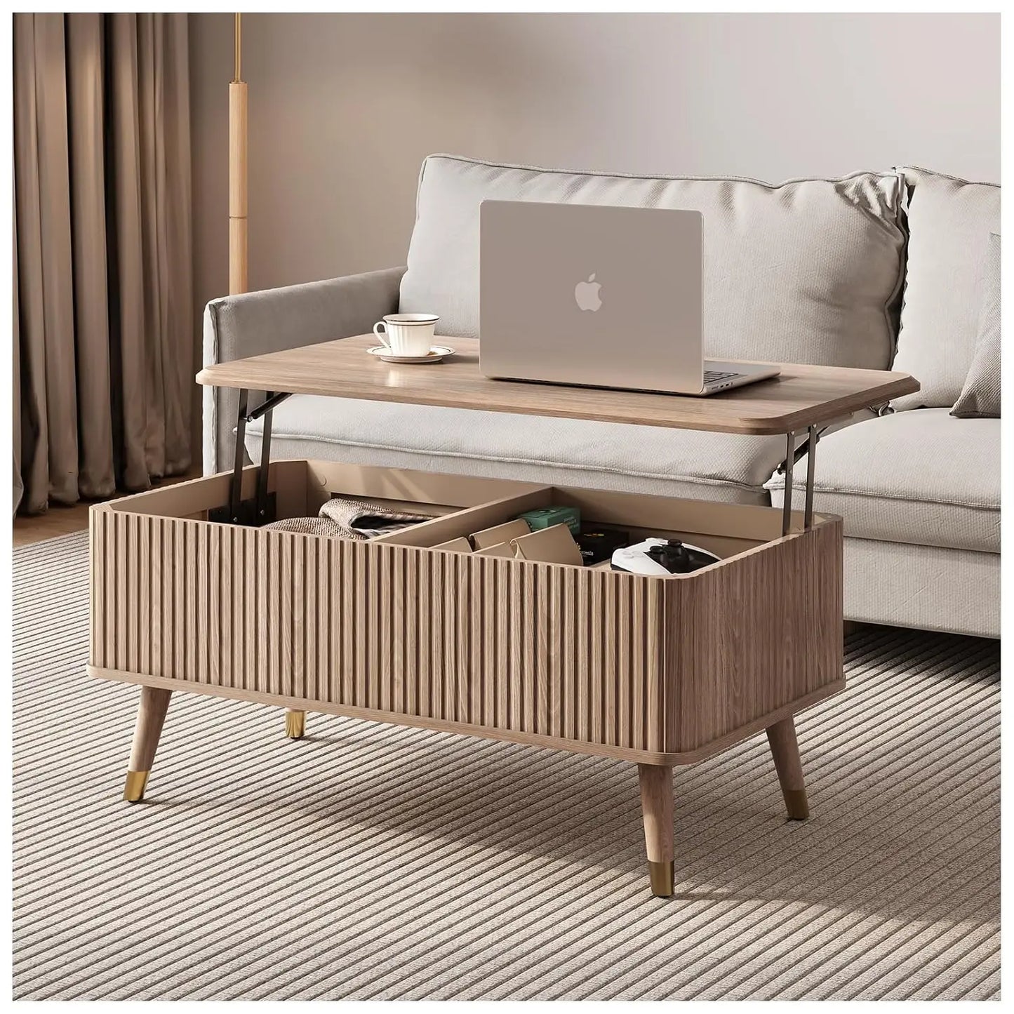 Round Coffee Table with Storage, 31.5" Fluted Center Table for Living Room, Modern Walnut Wood Circle Drum Table, Customized
