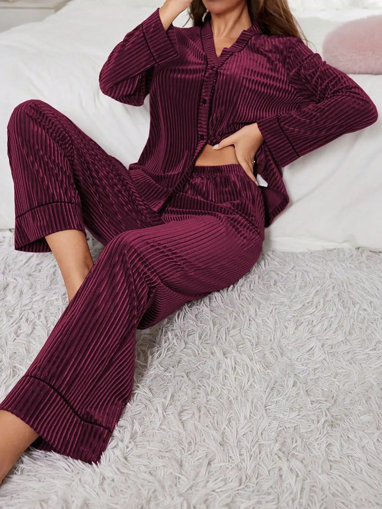 Velvet Long Sleeve Pajama Set With Ribbed Texture