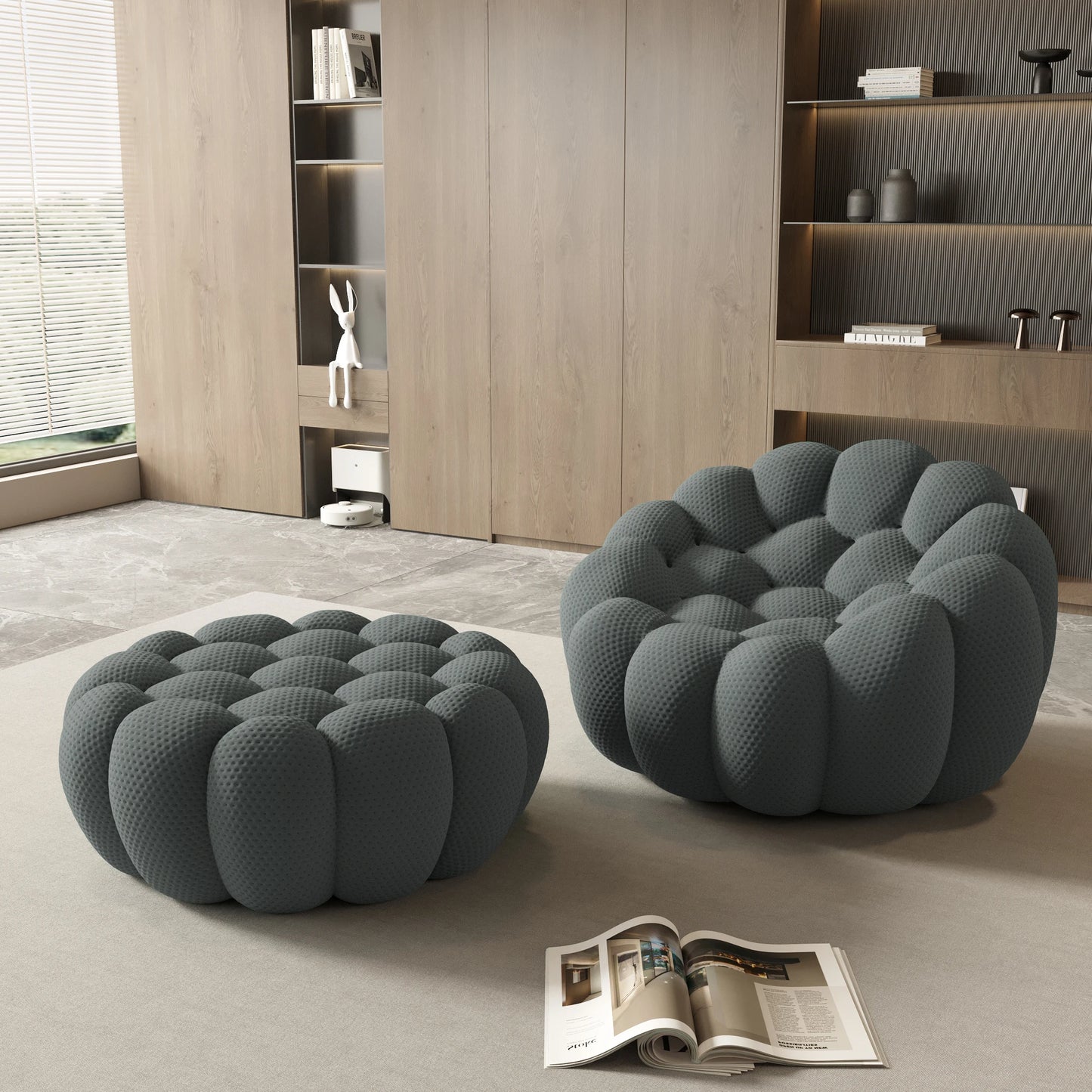 Sdorens Modern Curved Boneless Sofa with Ottoman 3D Honeycomb Mesh Fabric Lazy Floor Chair Living Roon Sets No Assembly Required